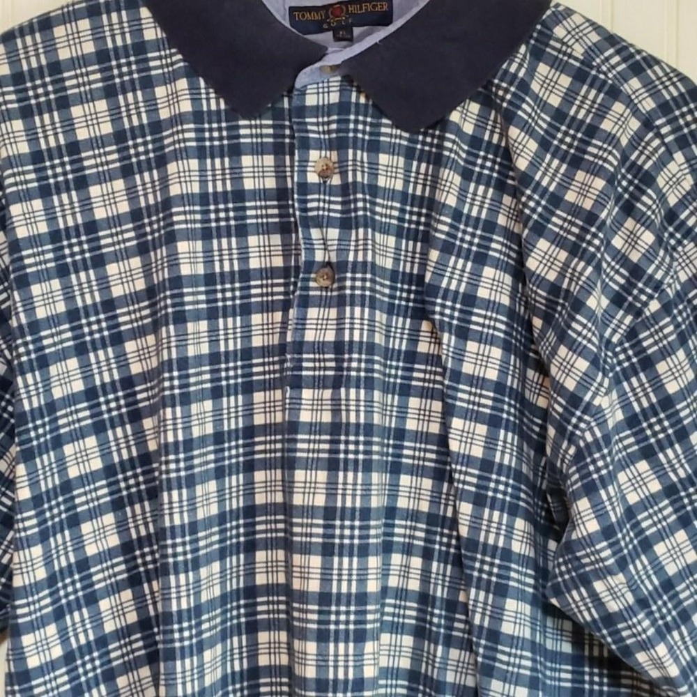 Tommy Hilfiger Golf Polo Shirt Mens XL Blue Plaid 100% Cotton Short Sleeve Top